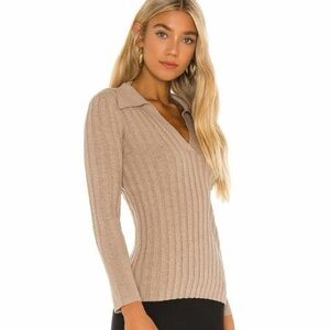 NICHOLAS Ivanna Wool Blend Ribbed Long Sleeve Thick Neutral Collared Sweater Top